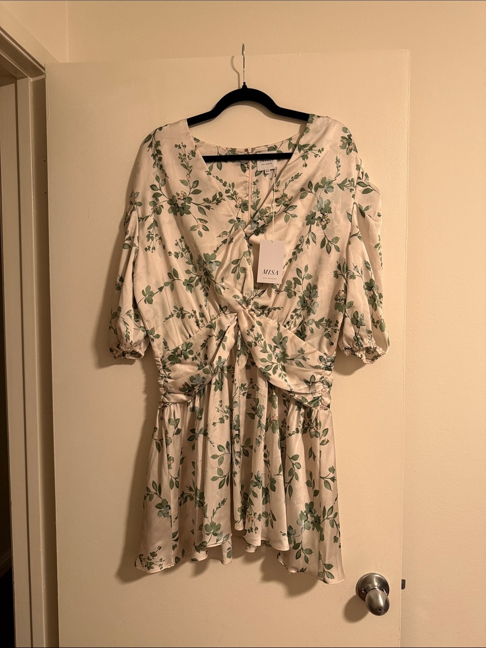 Satin Floral Mini Dress in Cream and Green